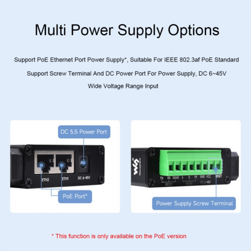 Waveshare RS232 RS485 vers serveur série Ethernet RJ45, spécifications : RS232 RS485 vers POE ETH (B) SW301B1002-019